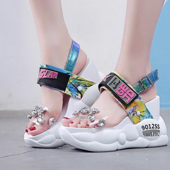 Shoes - Chunky Transparent Diamond wedge rhinestones sandals 6
